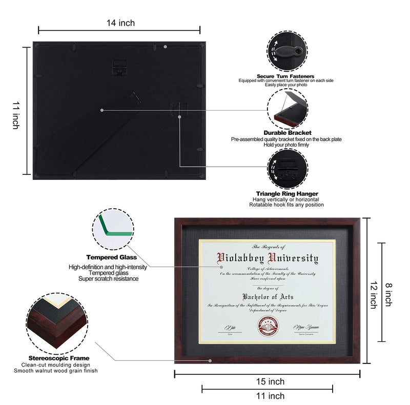 VIOLABBEY 11x14 Diploma Frame Brown - 8.5 x 11 Certificate & Degree Frame with mat or 11x14 without mat. HD Real Glass. Document Frame for Wall or Tabletop Display (Black Gold Double Mat) - Image 3